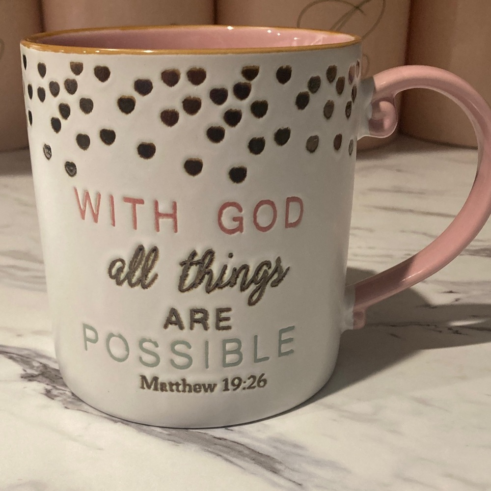 Inspirational Quote Matthew 19:26 Pink and White XL Mug